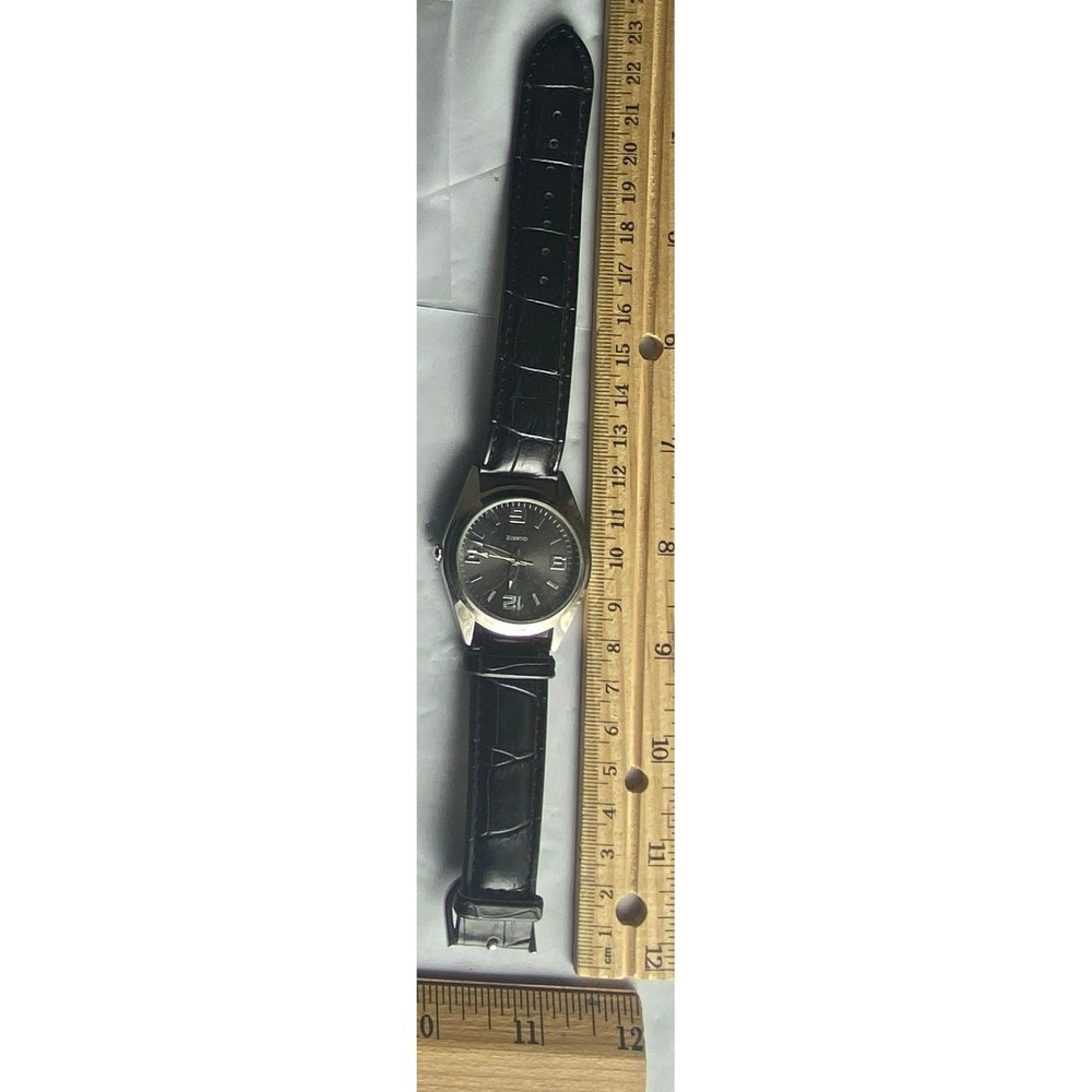 en's Zanmo Black Leather Band Quartz Analog Wristwatch Silver‎ Tone Case